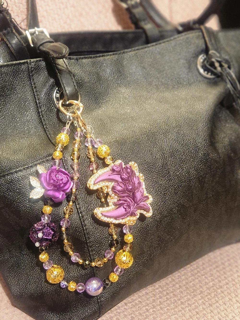 Purple Floral Moon Charms for Purse and Phone - Gold Accents